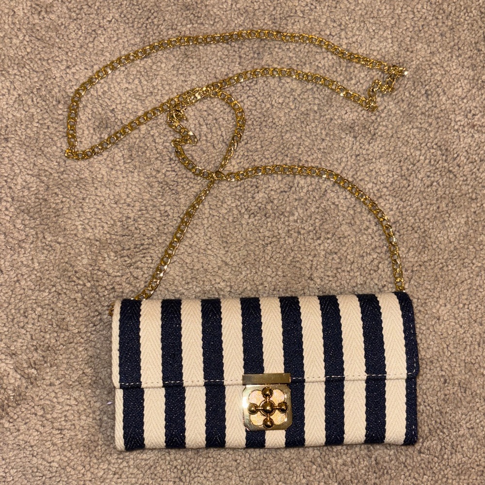 Striped Navy and White Clutch with Gold Chain